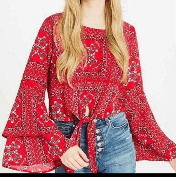 Altar'd State Tops - : Altar’d State MacKenzie Crop Top with double Bell Sleeves sz small red